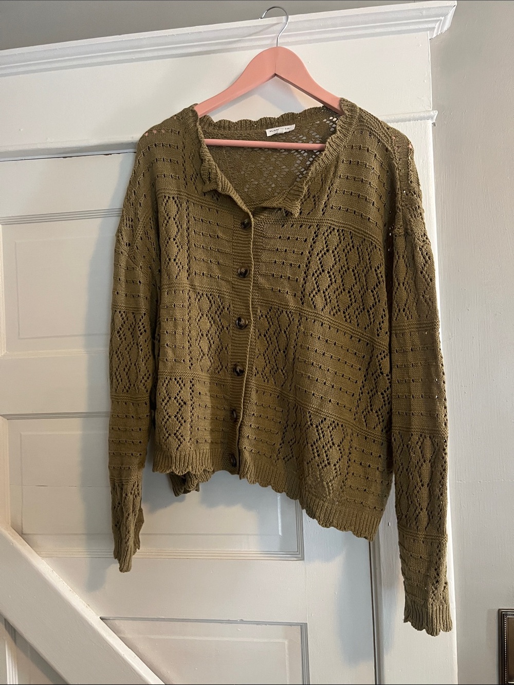Olive Open-Knit Button-Front Cardigan Sweater